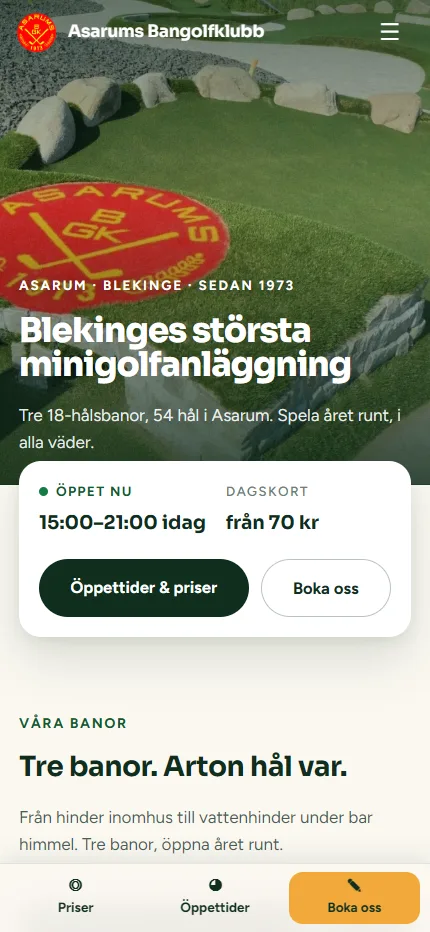 Start page on a phone with the open-now card and bottom action bar