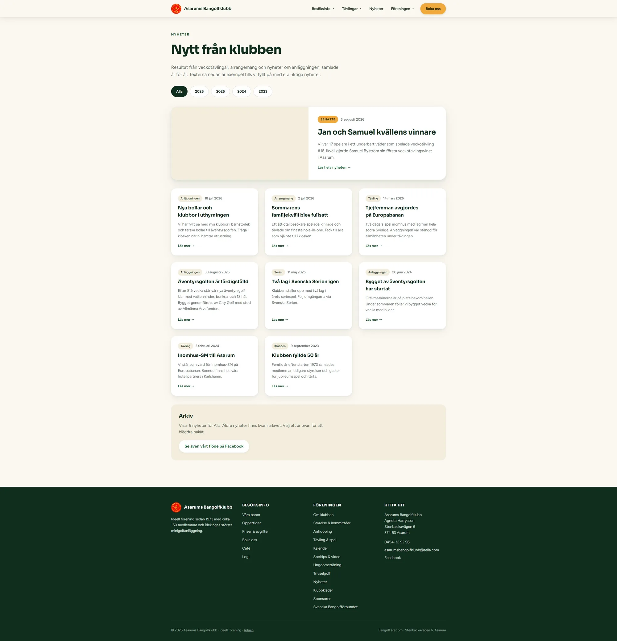 Nyheter page: latest article featured, year filter chips, card grid
