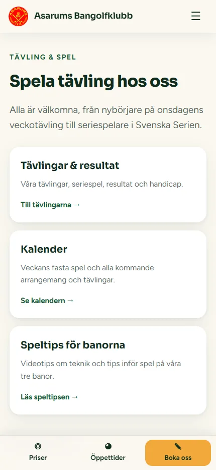 Tävling page on a phone