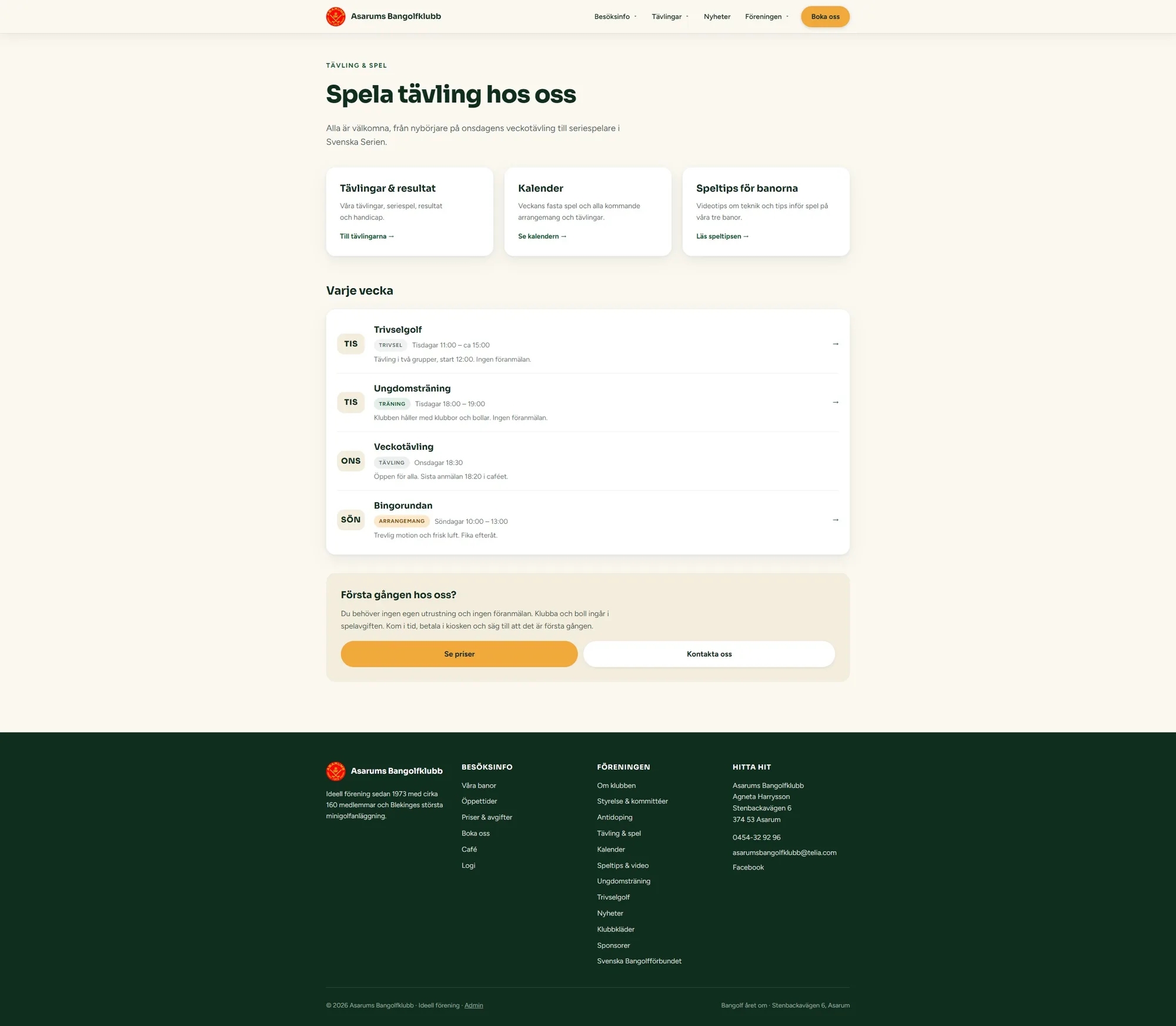 Tävling och spel page: three entry cards and the weekly programme list