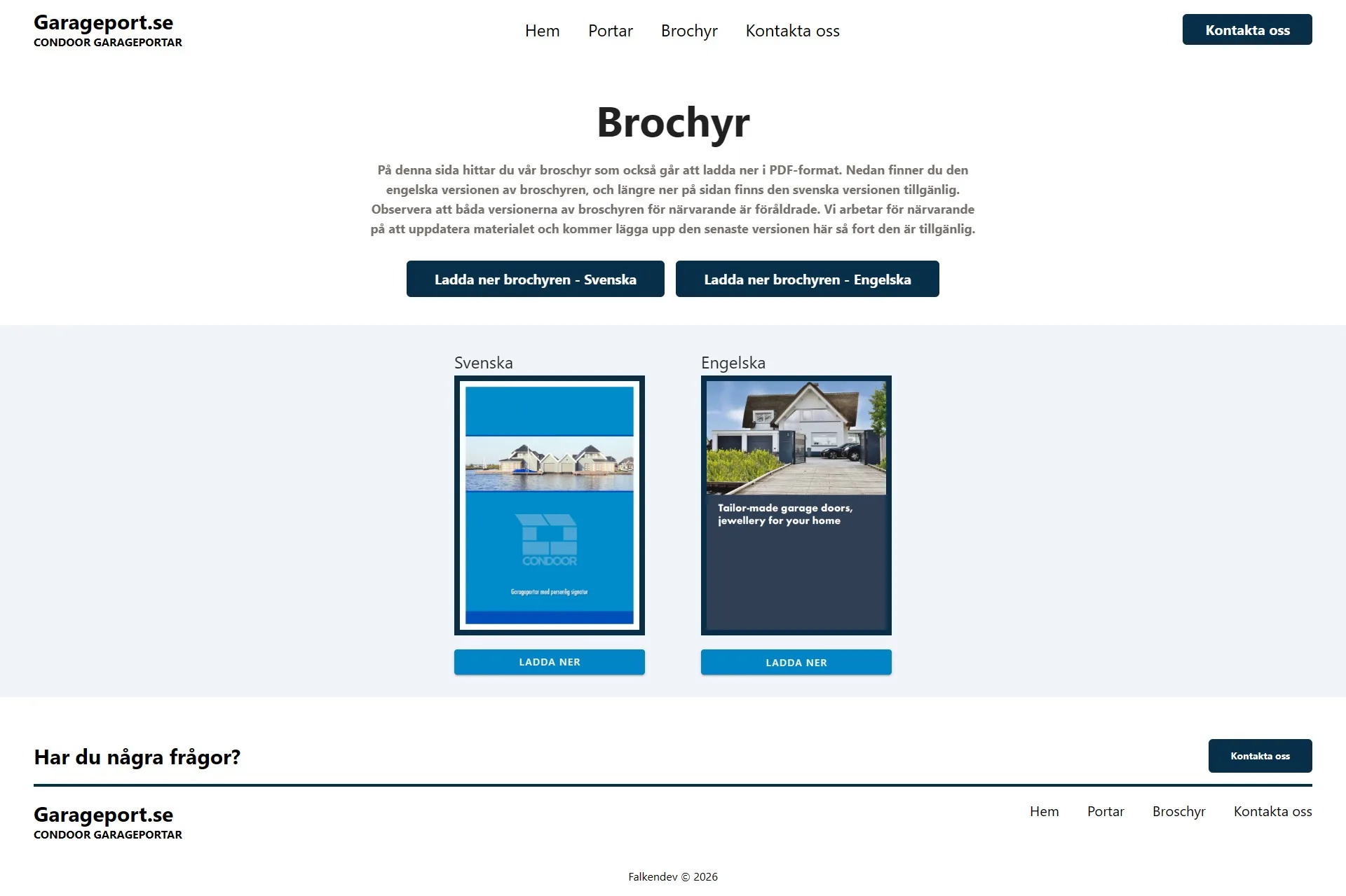Brochyr page with Swedish and English PDF downloads
