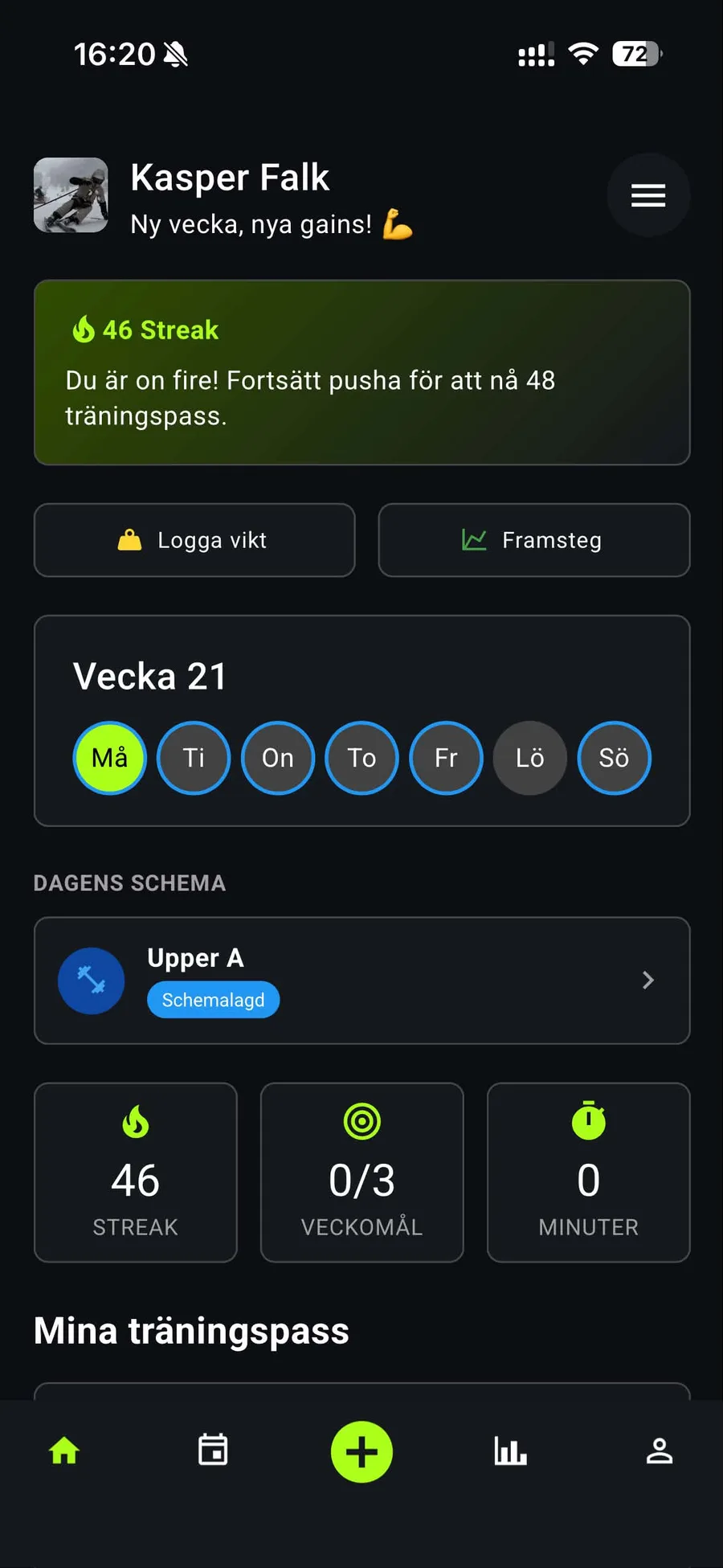Home screen with streak, week strip, today's scheduled workout and quick stats