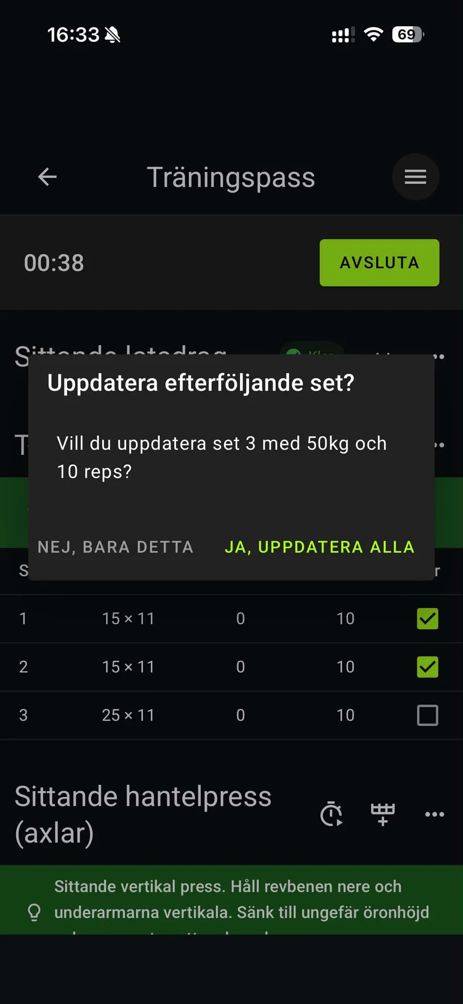 Dialog asking whether to update the following sets with the same weight and reps
