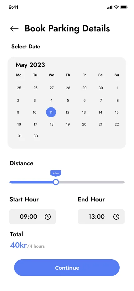 Book parking details: calendar, duration slider, start and end hour