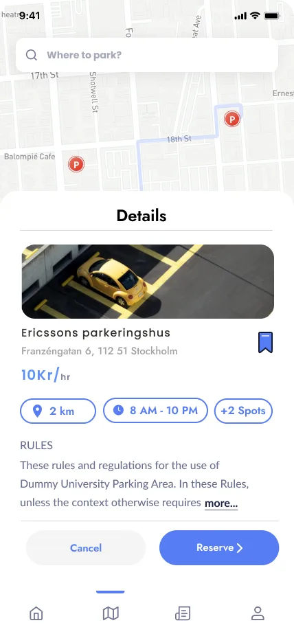 Details sheet for a parking house with price and open hours