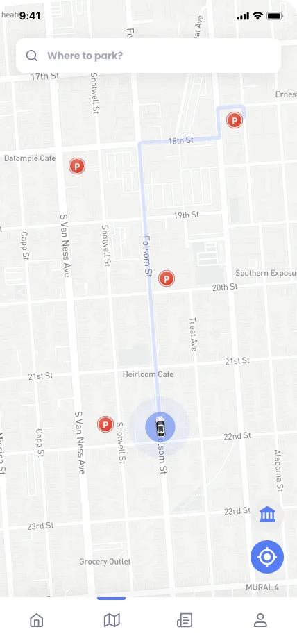Map with P markers and a route to the chosen lot