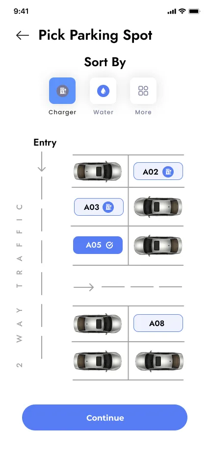 Pick parking spot floor plan with charger and water filters