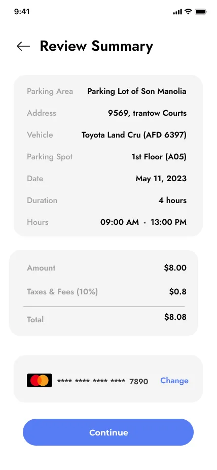 Review summary with area, vehicle, spot, date and total