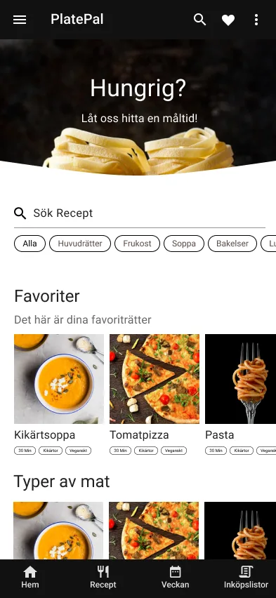 PlatePal home: Hungrig? search, categories and favourites