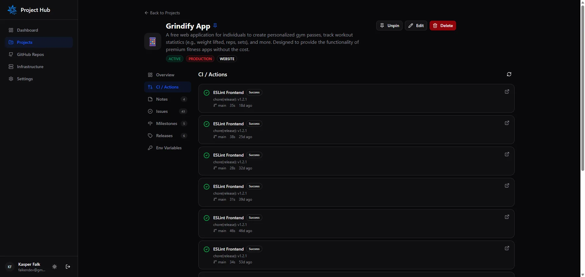 CI / Actions list of GitHub workflow runs with status, branch and duration