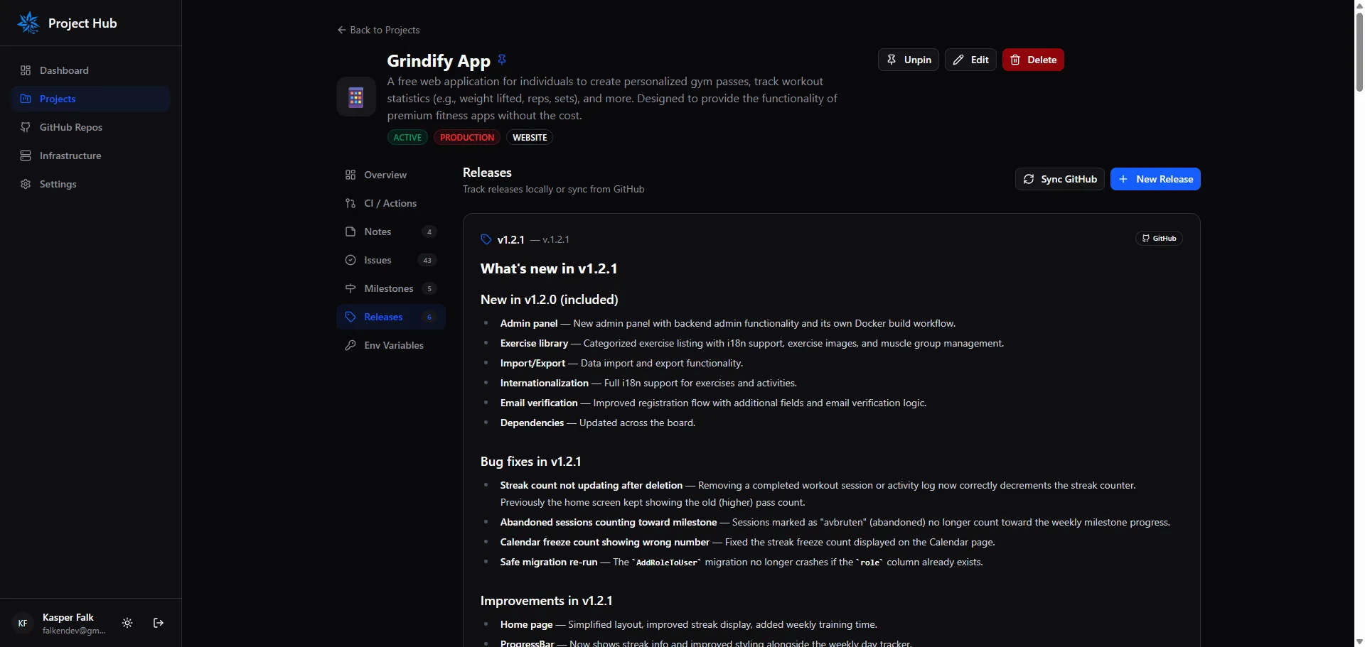 Releases view rendering the changelog for v1.2.1