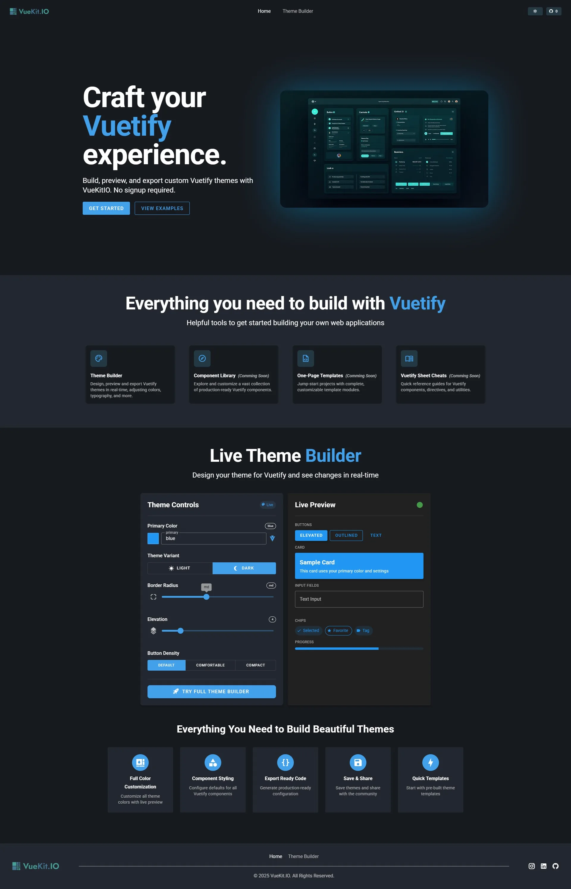 VueKit landing page with a mini theme builder demo