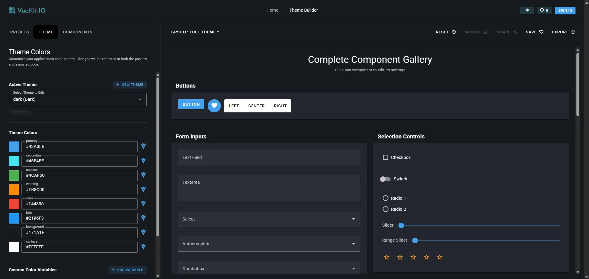 Theme panel with the dark palette: primary, secondary, success, warning, error, info, background, surface